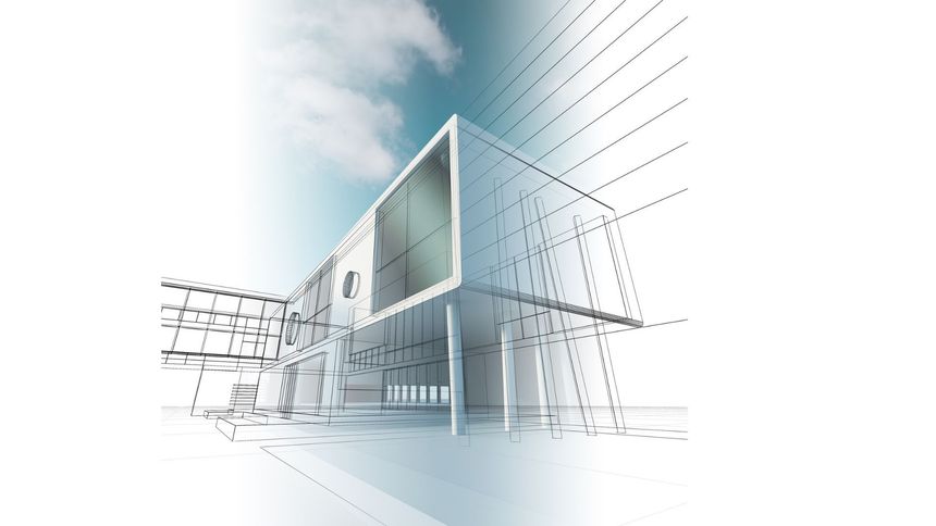 Un projet architectural moderne mêlant un rendu 3D net à des croquis linéaires blancs en fil de fer se détachant sur le ciel.