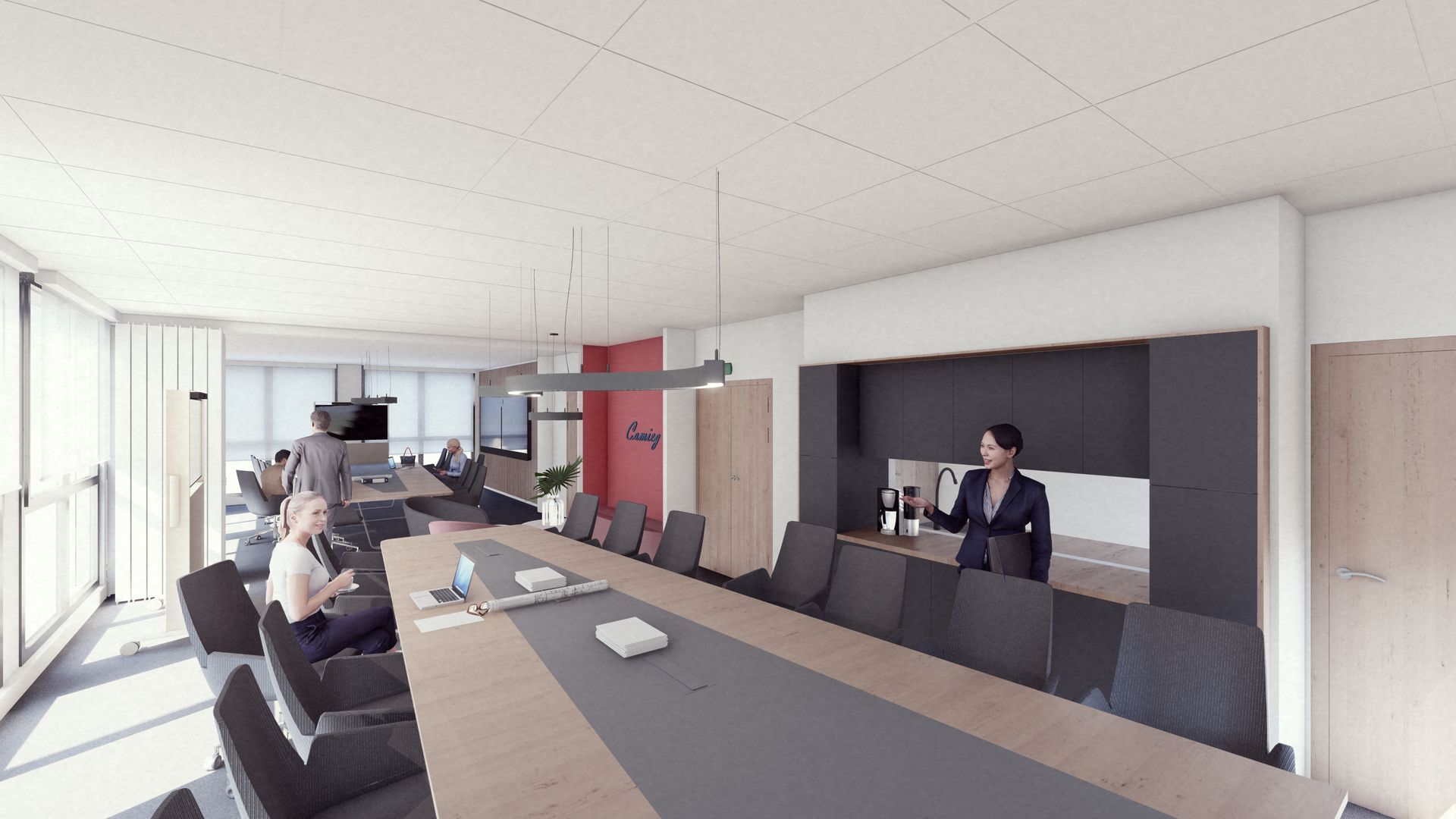 Un espace d'accueil de bureau avec un panneau OFII sur un support, comprenant un comptoir avec une cloison vitrée à cadre en bois.