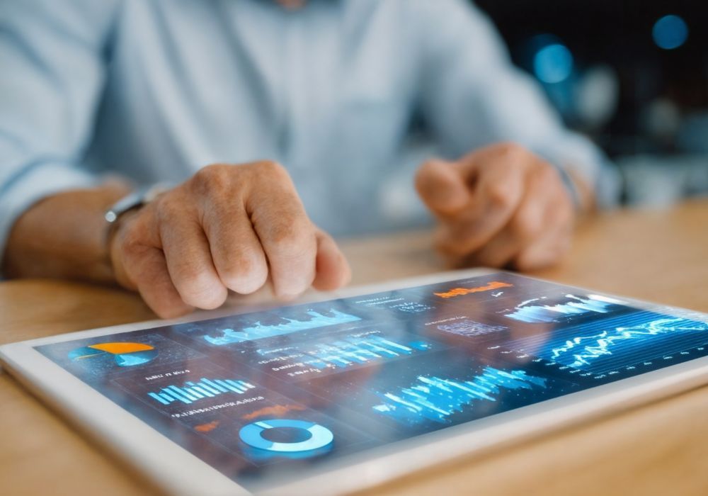 Une personne vêtue d'une chemise claire interagit avec une tablette affichant des graphiques financiers et des visualisations de données d'un bleu lumineux.