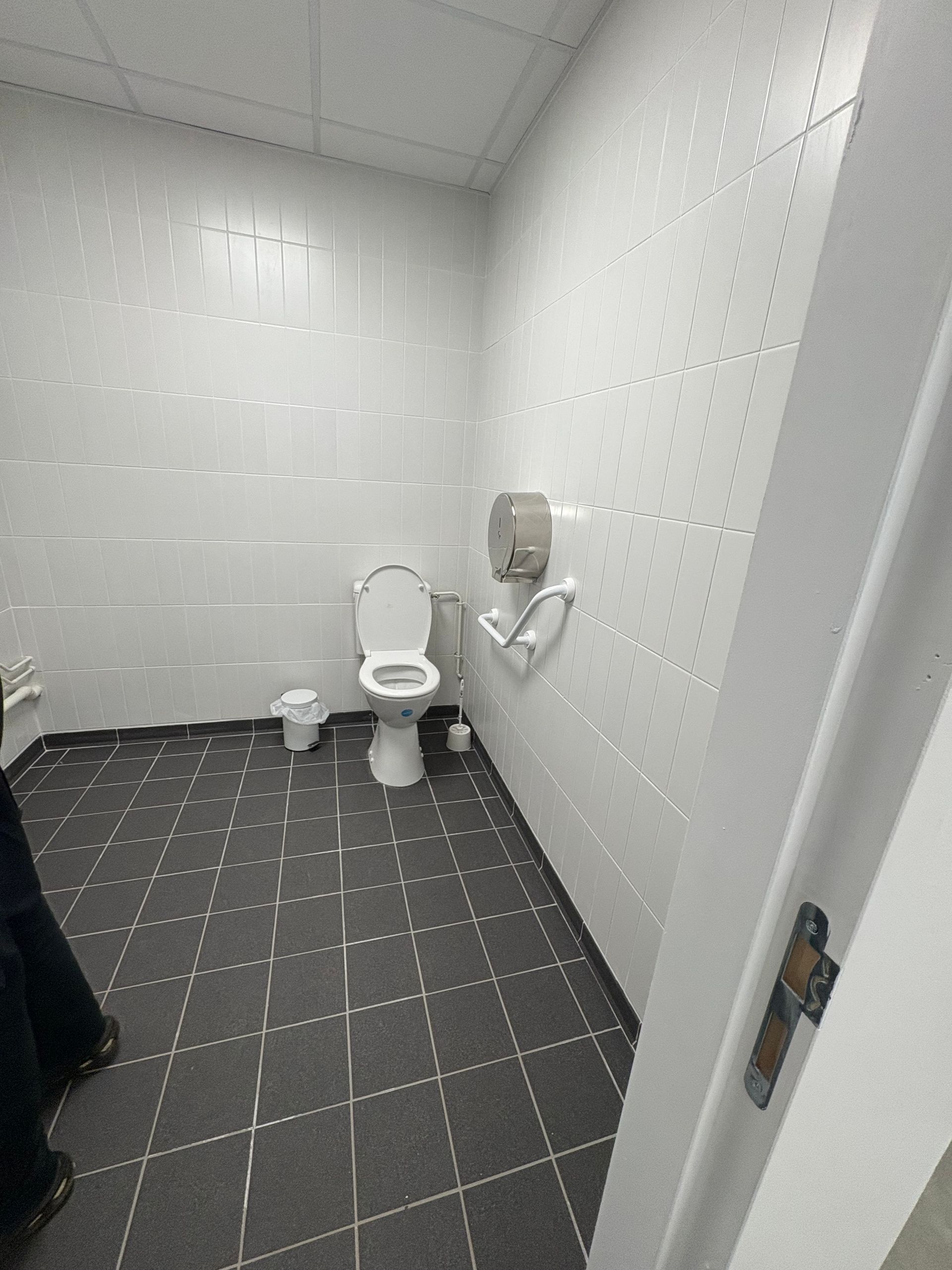 Des toilettes accessibles avec des toilettes blanches, des barres d'appui, un distributeur mural, des murs carrelés blancs et un sol à motifs foncés.