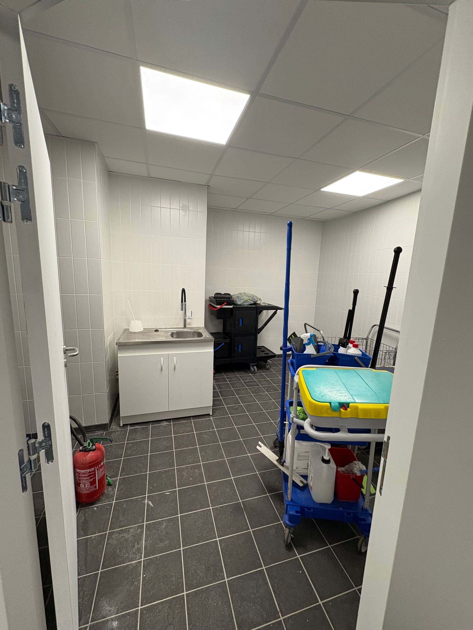 Un petit placard à balais bien éclairé, comprenant un évier blanc, un extincteur rouge et un chariot de nettoyage bleu.