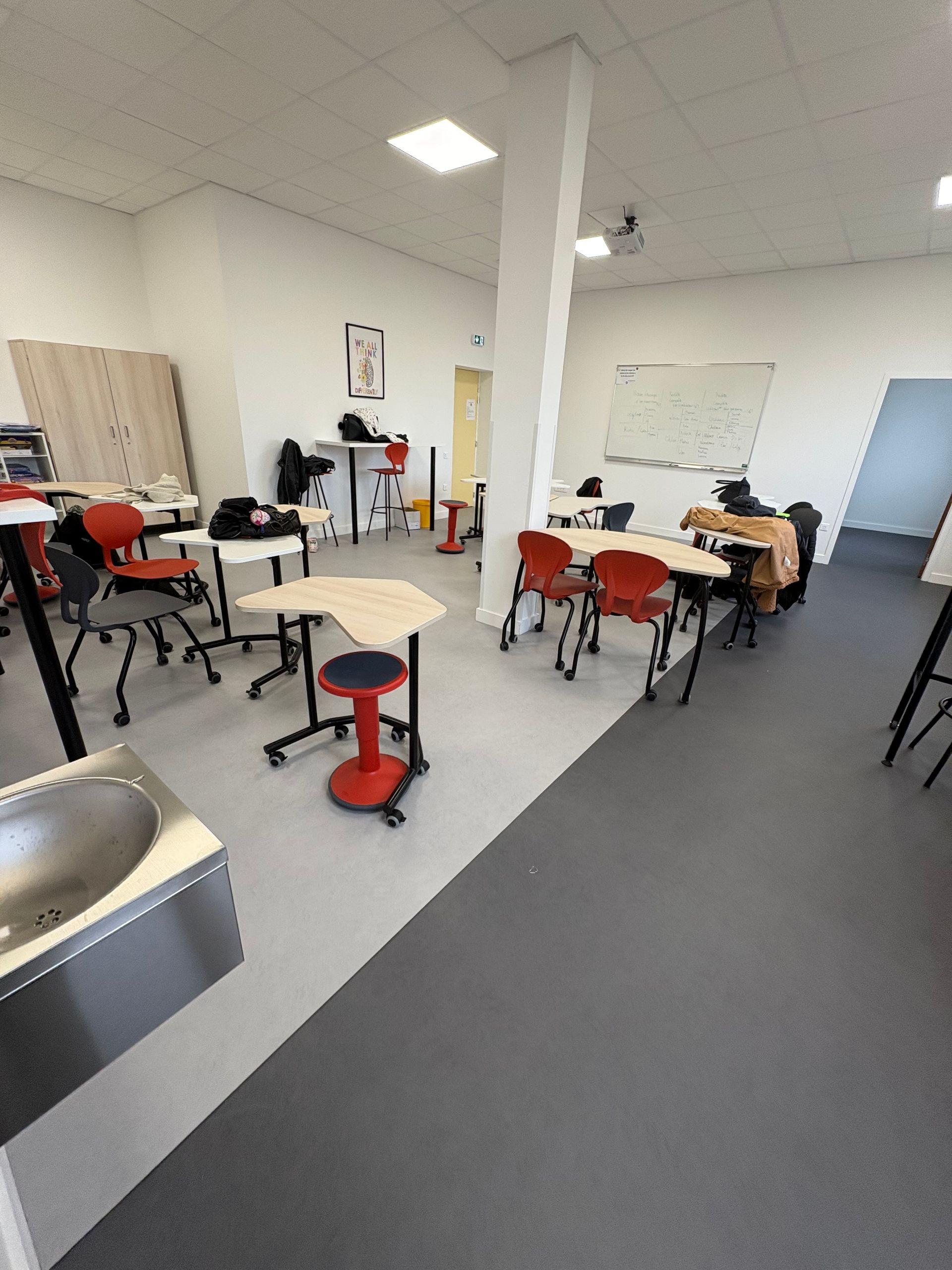 Aménagement d'une salle de classe avec divers pupitres d'élèves, des tabourets rouges et des chaises, avec un lavabo au premier plan et des tableaux blancs.