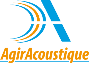 Logo avec une icône d'onde sonore abstraite bleue et or et le texte « AgirAcoustique » en police serif dorée.