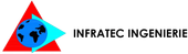 Logo d'Infratec Ingenierie composé d'un triangle rouge, d'un triangle bleu et d'un globe bleu foncé, avec un texte noir.