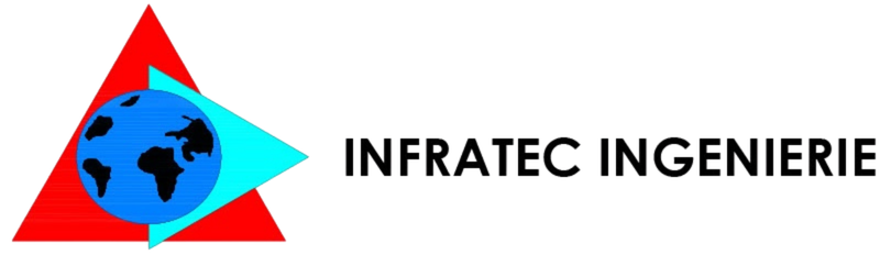 Logo d'Infratec Ingenierie composé d'un triangle rouge, d'un triangle bleu et d'un globe bleu foncé, avec un texte noir.