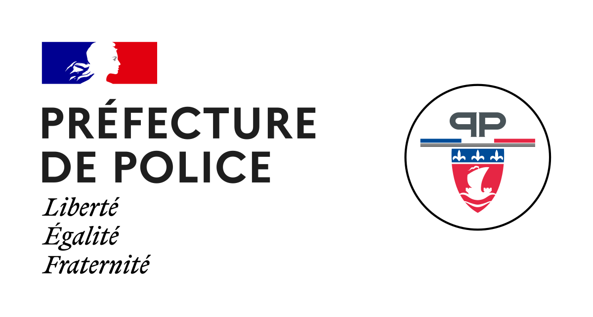 Logo de la Préfecture de Police française comportant l'emblème de Marianne, du texte et l'écusson officiel de la police.