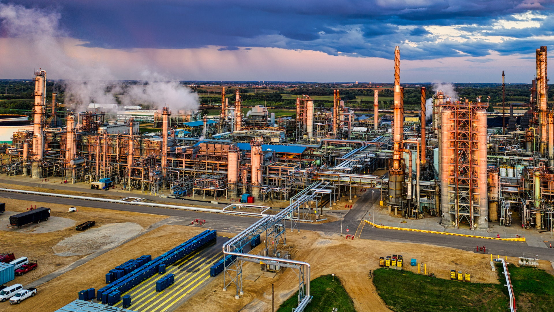 Vue aérienne d'un complexe industriel de raffinage avec de hautes cheminées, des systèmes de tuyauterie et de la fumée sous un ciel nuageux spectaculaire.