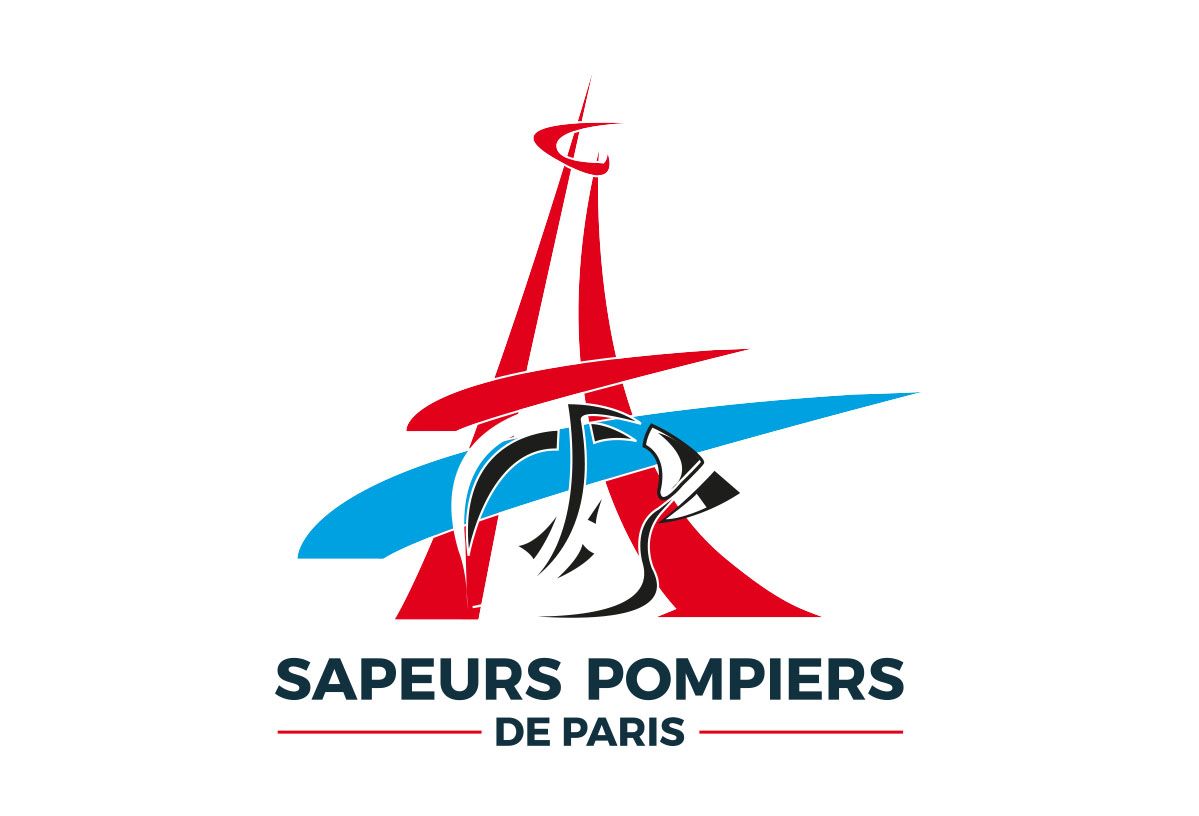 Logo des Sapeurs-Pompiers de Paris représentant une Tour Eiffel stylisée en rouge, bleu et noir.