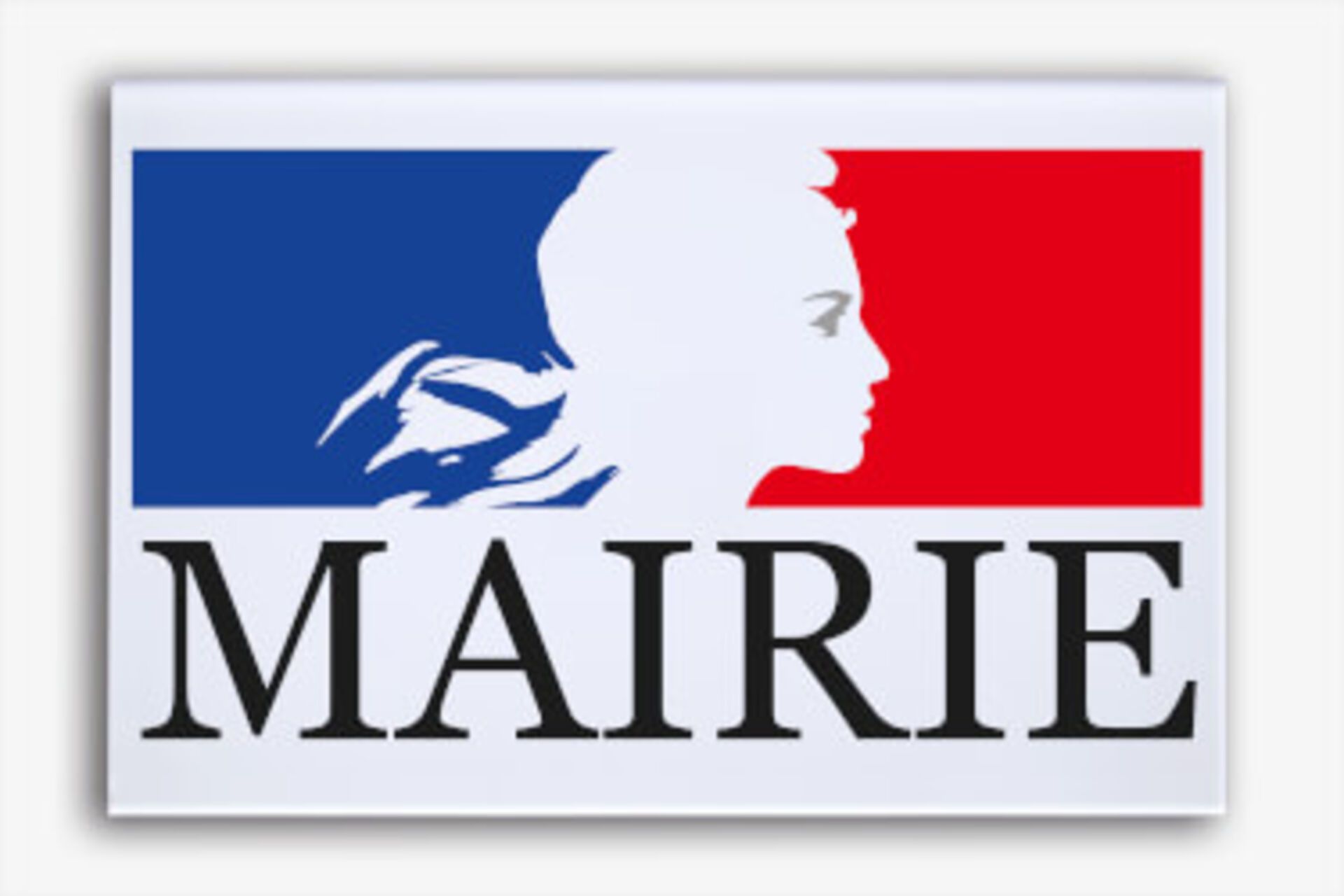 Le symbole français de Marianne sur des blocs bleus et rouges au-dessus du texte « MAIRIE » dans un cadre blanc.