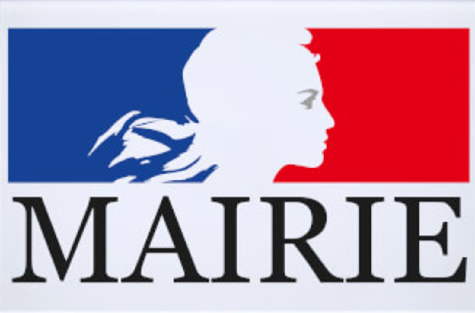 Logo de la mairie française représentant une silhouette blanche stylisée de Marianne sur fond bleu et rouge, avec du texte.