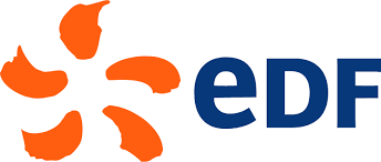 Le logo d'EDF présente un symbole stylisé de fleur orange à cinq pétales à côté des lettres « edf » en bleu foncé.