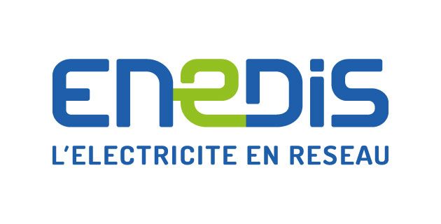 Le logo Enedis : le texte bleu « Enedis » avec un « e » stylisé vert vif, au-dessus du slogan « L'ÉLECTRICITÉ EN RESEAU ».