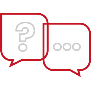 A red and gray speech bubble with a question mark on it.