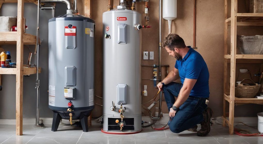 Man inspecting a water heater in a utility room. He is kneeling near the heater, with a wrench in hand.