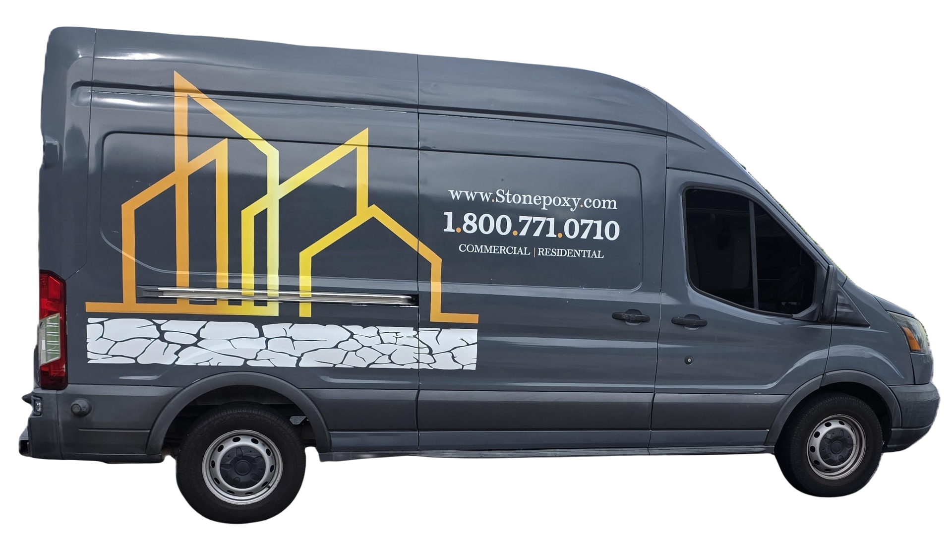 Gray van with gold architectural logo and phone number 1.800.771.0710.