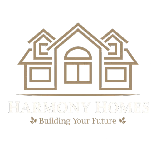 Logo for Harmony Homes. Features a house outline in brown with text "Harmony Homes" and "Building Your Future" below.