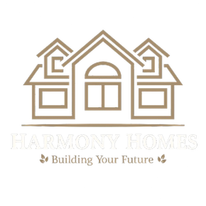 Logo for Harmony Homes. Features a house outline in brown with text "Harmony Homes" and "Building Your Future" below.