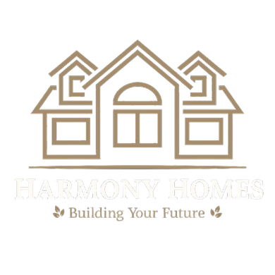 Logo for Harmony Homes. Features a house outline in brown with text "Harmony Homes" and "Building Your Future" below.
