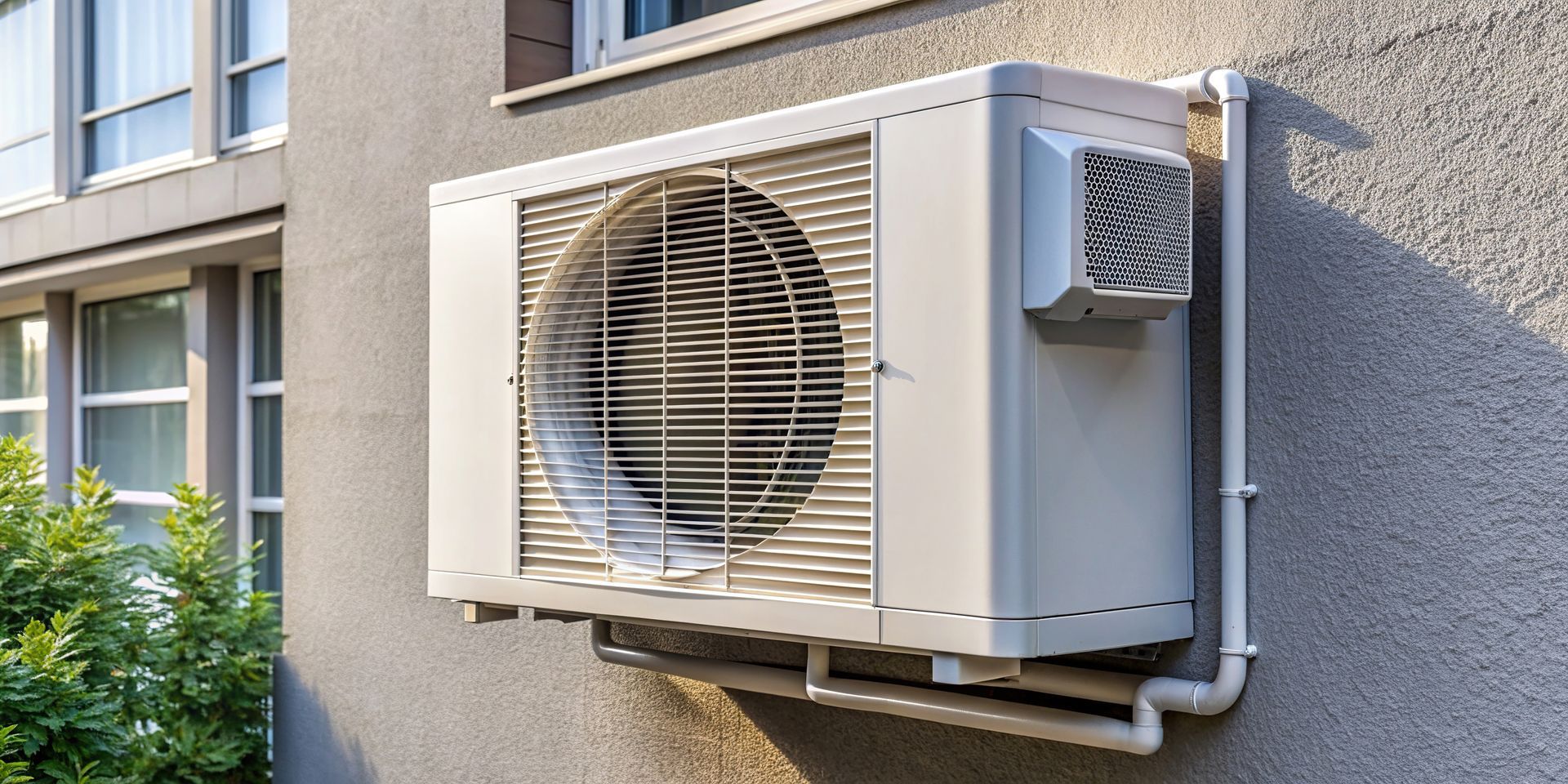 A white air conditioner is mounted on the side of a building.