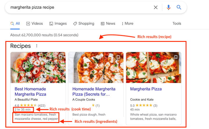 A screenshot of a google search for margherita pizza recipes.