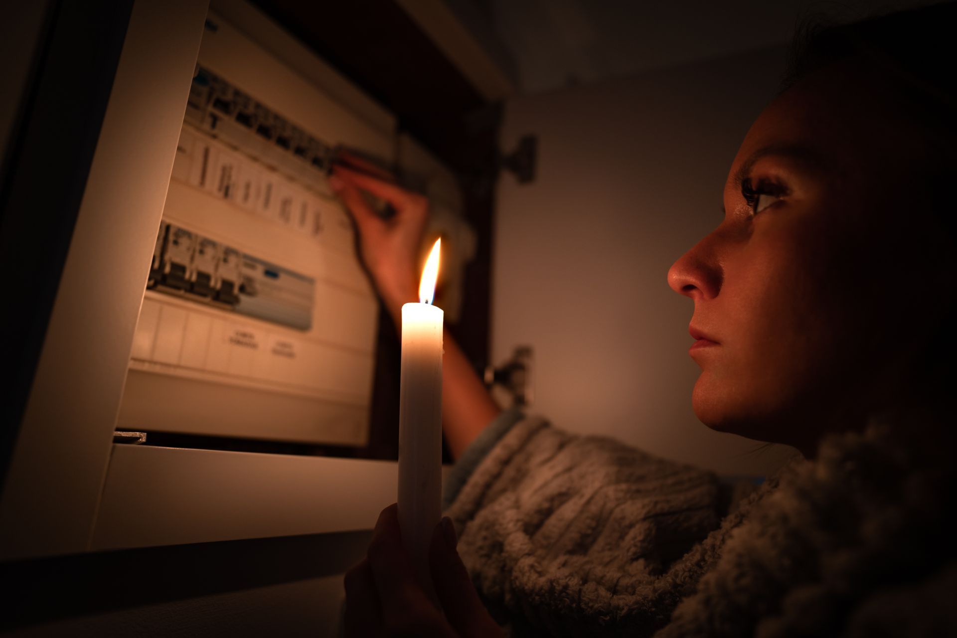 A woman is holding a lit candle in front of an electrical box.