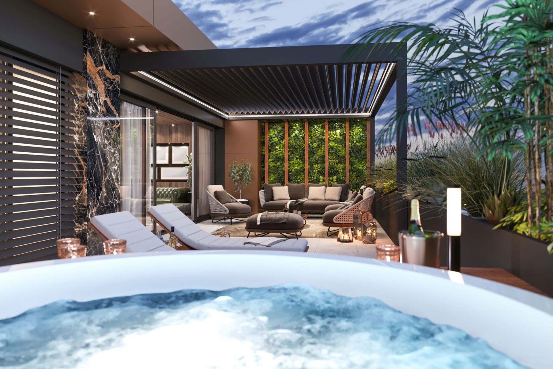 An artist 's impression of a patio with a hot tub and a pergola.