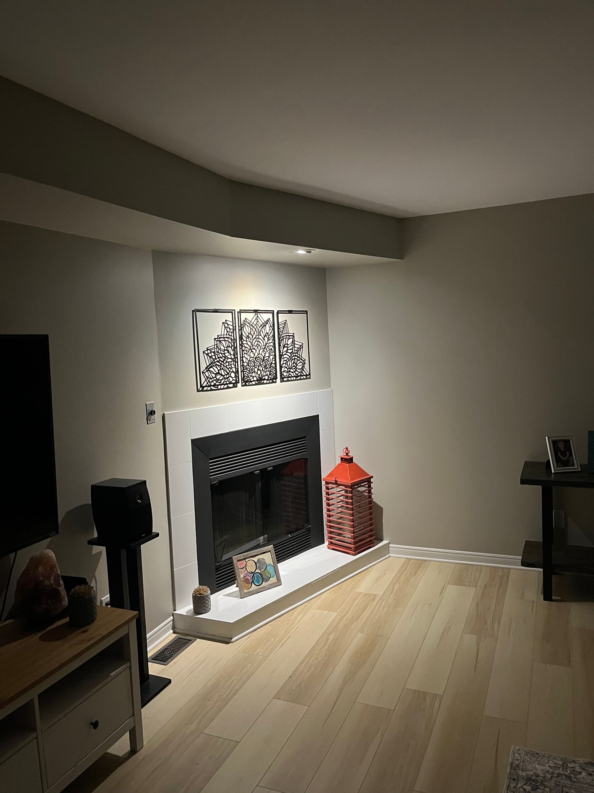 A living room with a fireplace and a television.