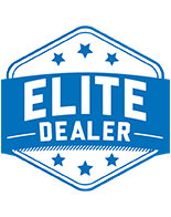 the elite dealer logo is blue and white with stars on it .