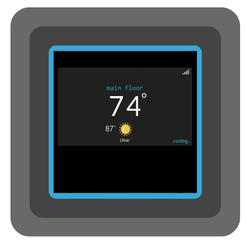 a thermostat displays the temperature in the main floor at 74 degrees