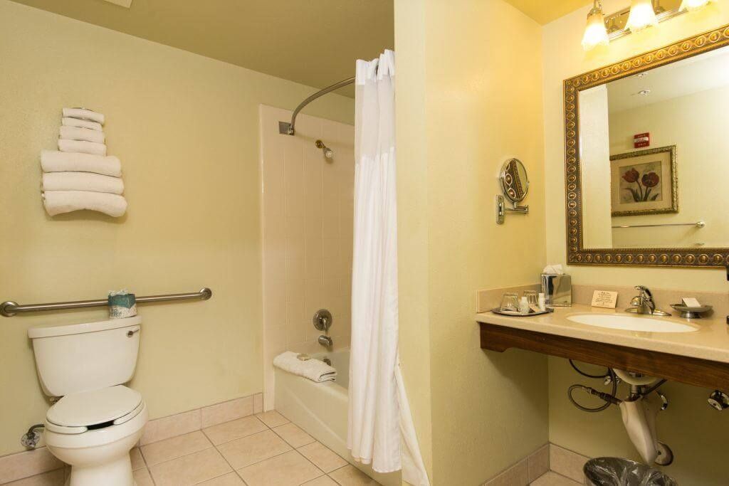 Bathroom with beige walls, a toilet with a grab bar, a shower with a white curtain, and a vanity with a mirror.