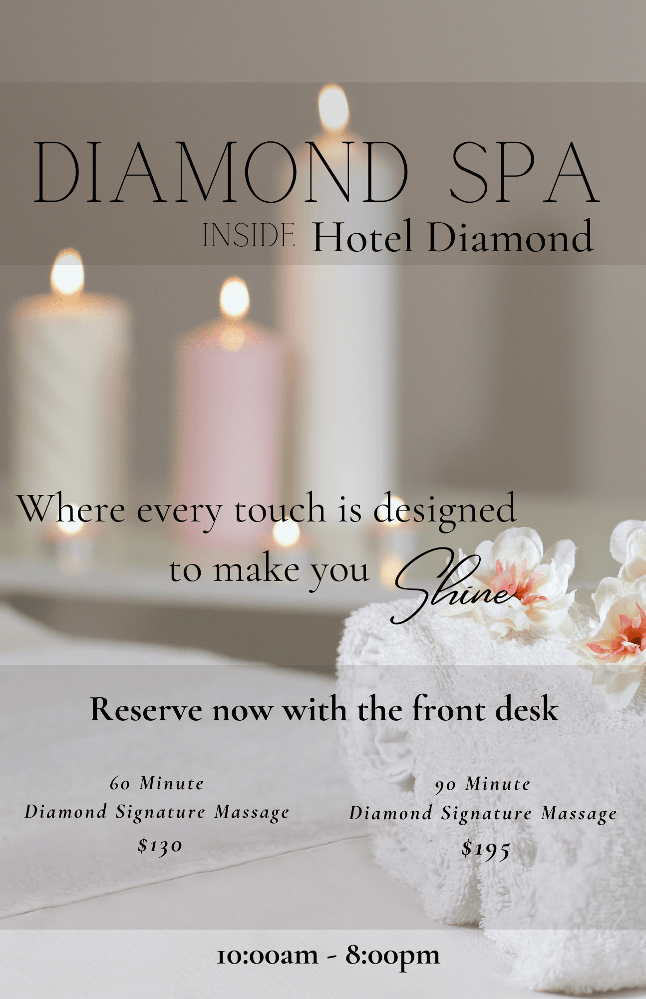 Advertisement for Diamond Spa, inside Hotel Diamond. Features candles, flowers, and massage information. 