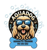 Logo for "AQUADOG" pet grooming: dog wearing sunglasses, on a blue bone, bubbles background.