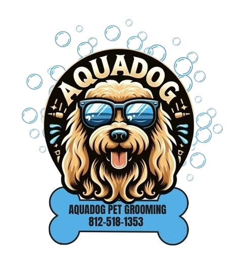Logo for "AQUADOG" pet grooming: dog wearing sunglasses, on a blue bone, bubbles background.