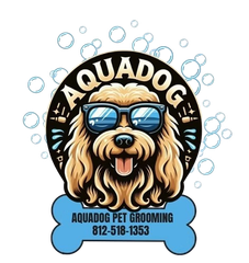 Logo for "AQUADOG" pet grooming: dog wearing sunglasses, on a blue bone, bubbles background.