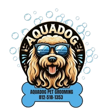 Logo for "AQUADOG" pet grooming: dog wearing sunglasses, on a blue bone, bubbles background.
