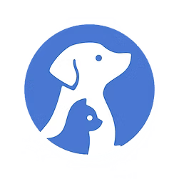 Dog and cat silhouettes in white against a blue circle background.