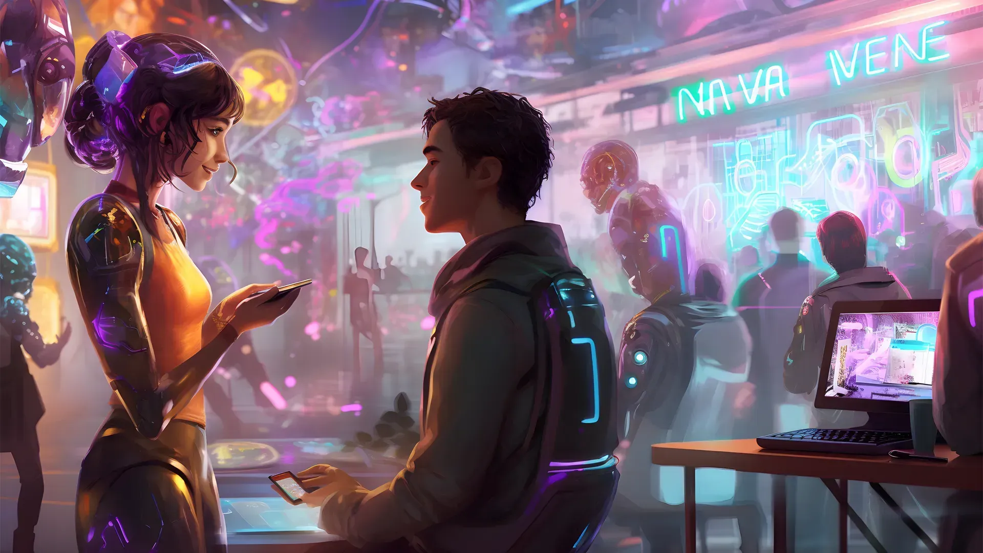 A guy talking to an advanced AI girl in a digital world metaverse