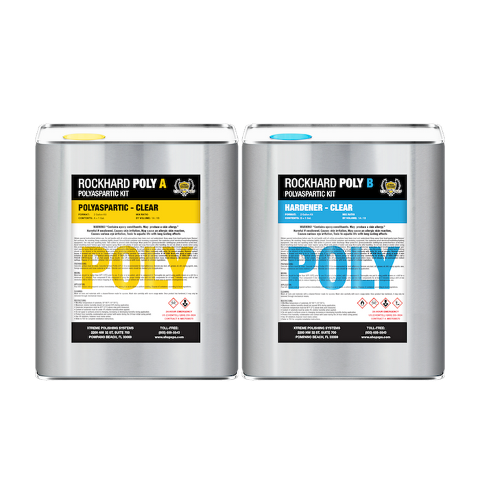 Two cans of rockhard poly a and b are sitting next to each other.