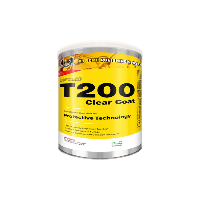 A can of t200 clear coat on a white background