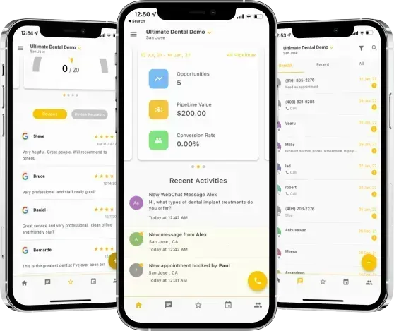 Digital Marketing, Website design Cambridge, Wisconsin. Three smartphones displaying a dental app interface. Yellow and white color scheme. Screens show patient info and recent activities.