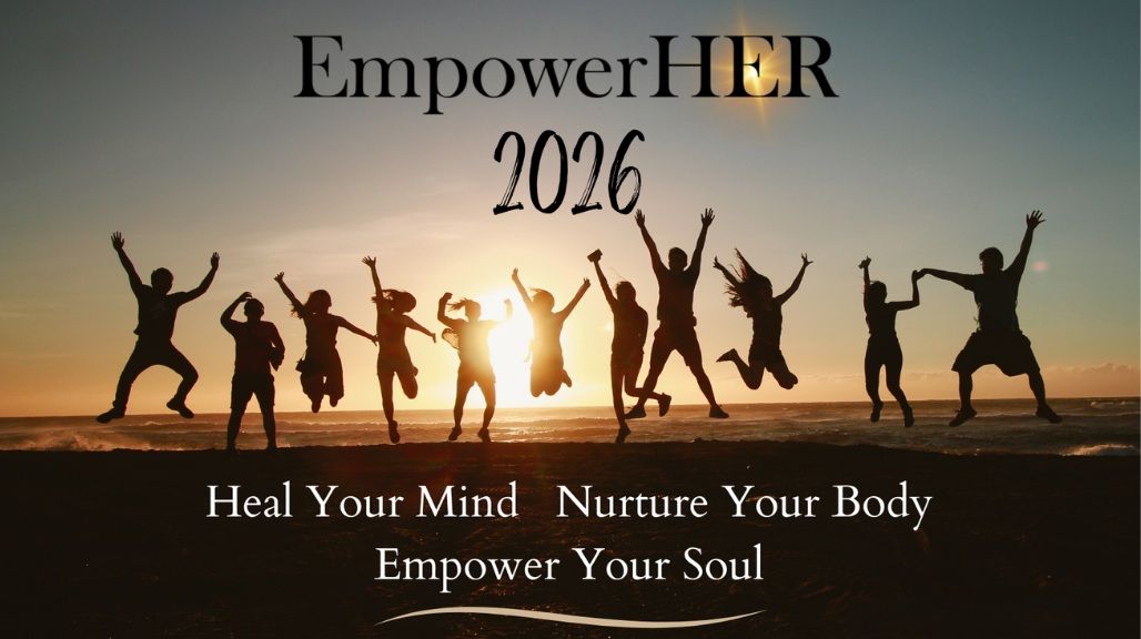 Silhouetted people jumping with arms raised at sunset. Text: EmpowerHER 2026.