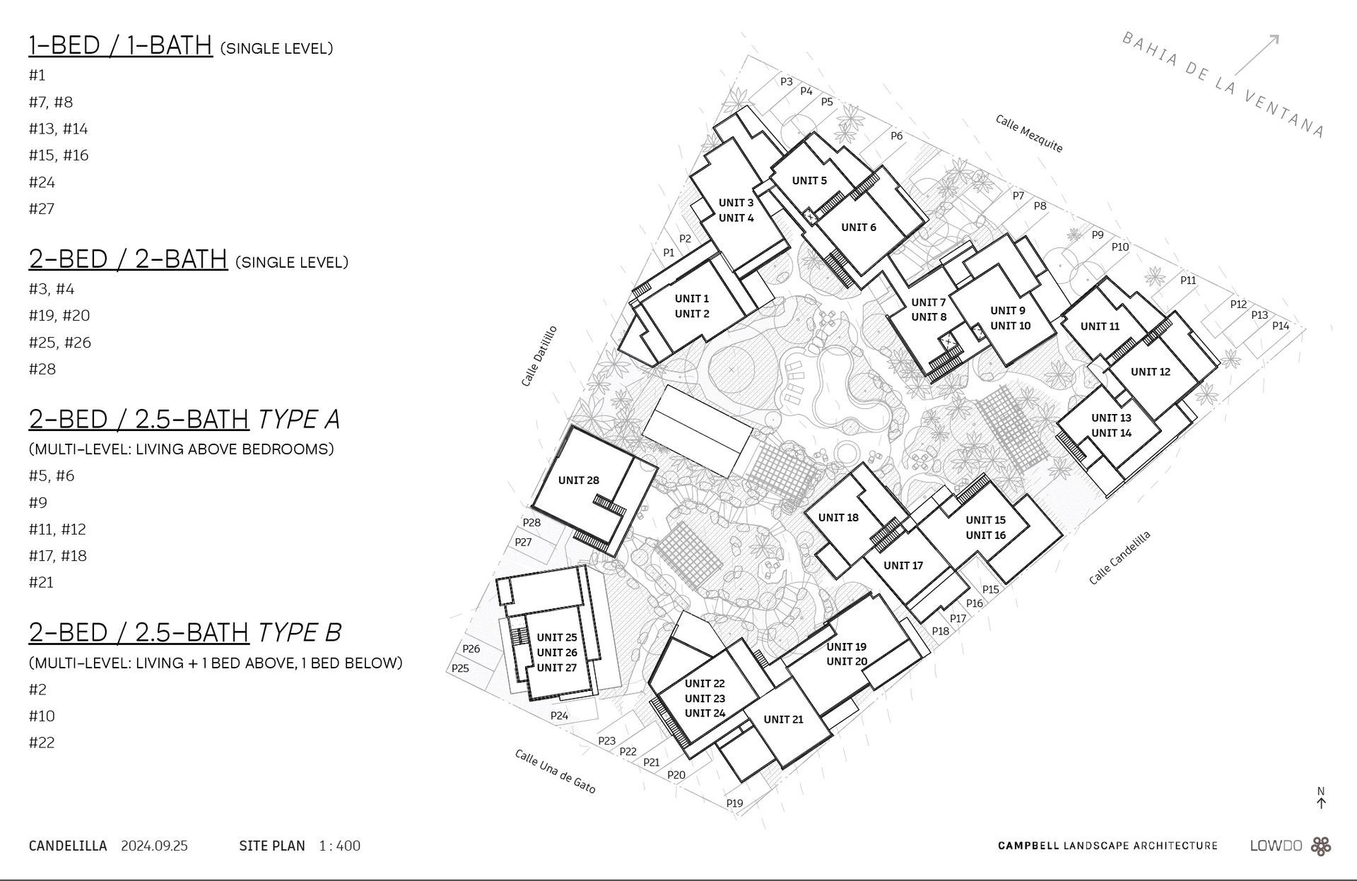 Detailed site plan with buildings, streets, and text labels in black and white.