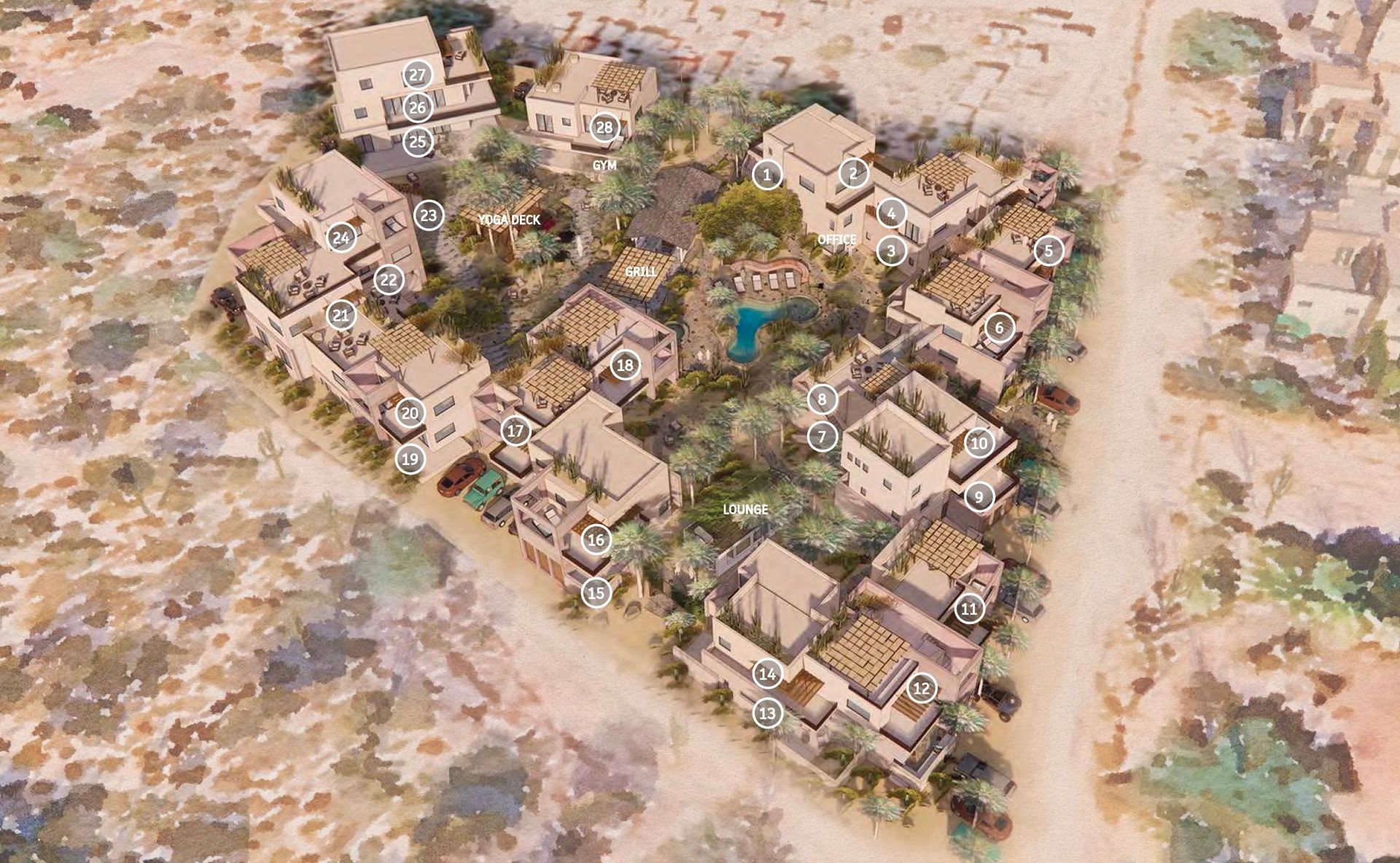 Aerial view of a desert village with brown buildings, palm trees, and a small blue pond.