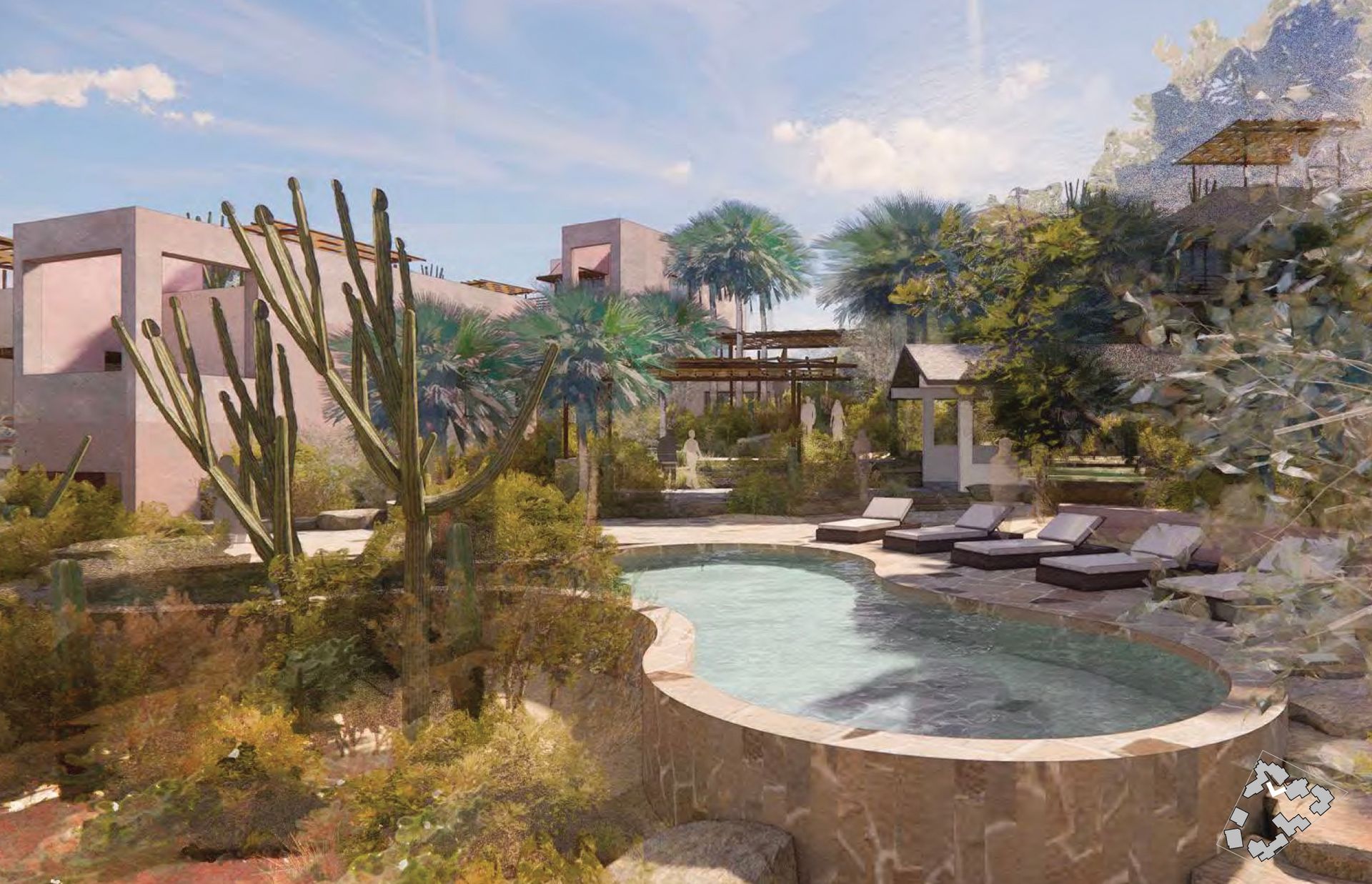 Pool area with saguaro cacti, pink buildings, and lounge chairs. Sunny, outdoor setting.