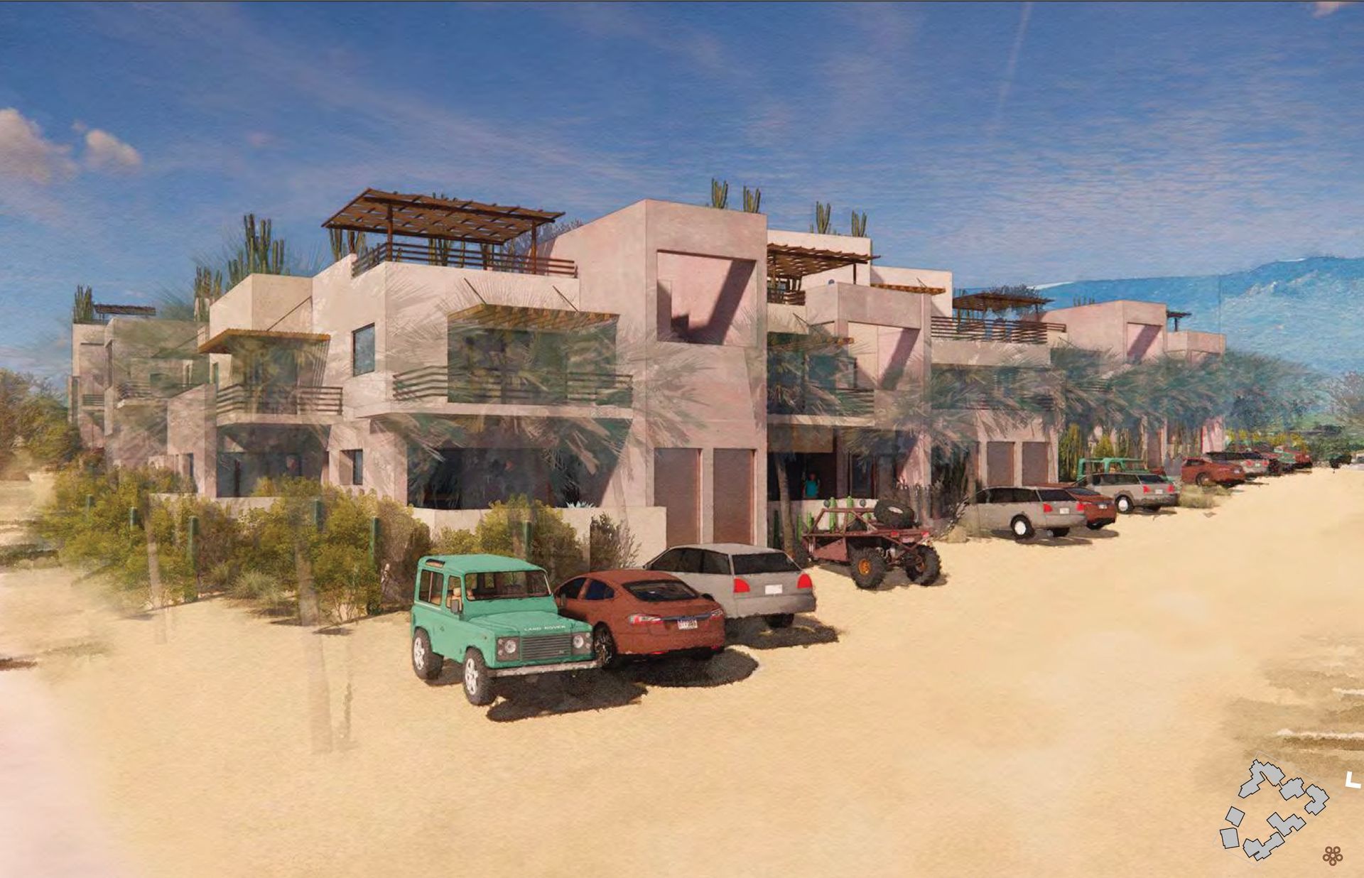 Desert resort with light-colored buildings, parked cars, and sparse desert vegetation under a blue sky.