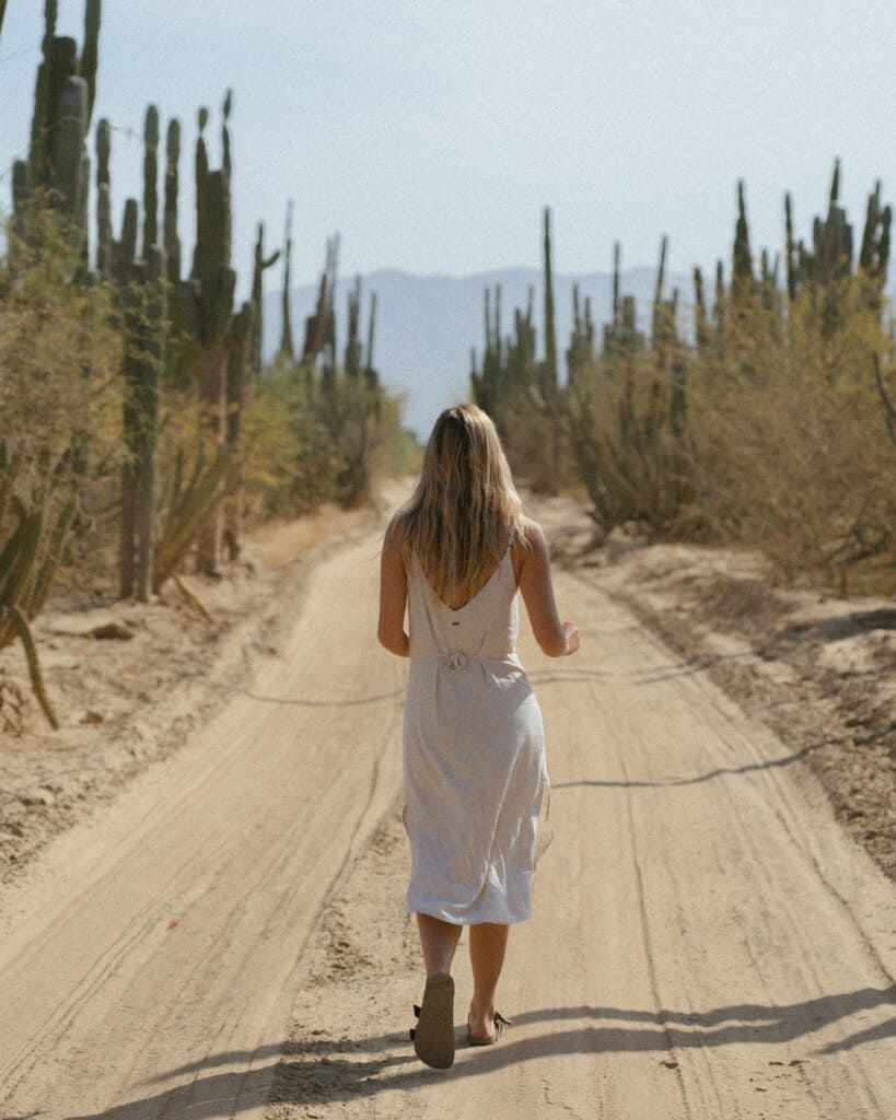 Woman walking away on a dirt road lined with tall cacti. Sunlight illuminates the scene.