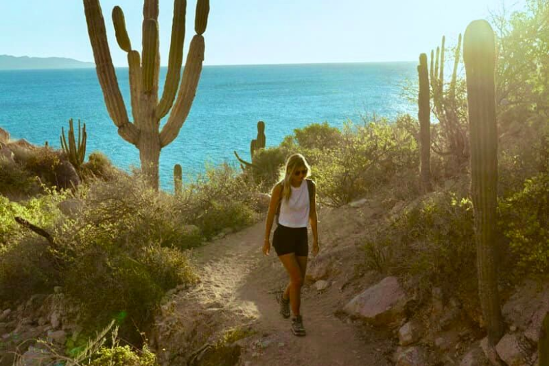 Woman hikes on a trail by the sea, surrounded by cacti and vegetation. Sunny day.
