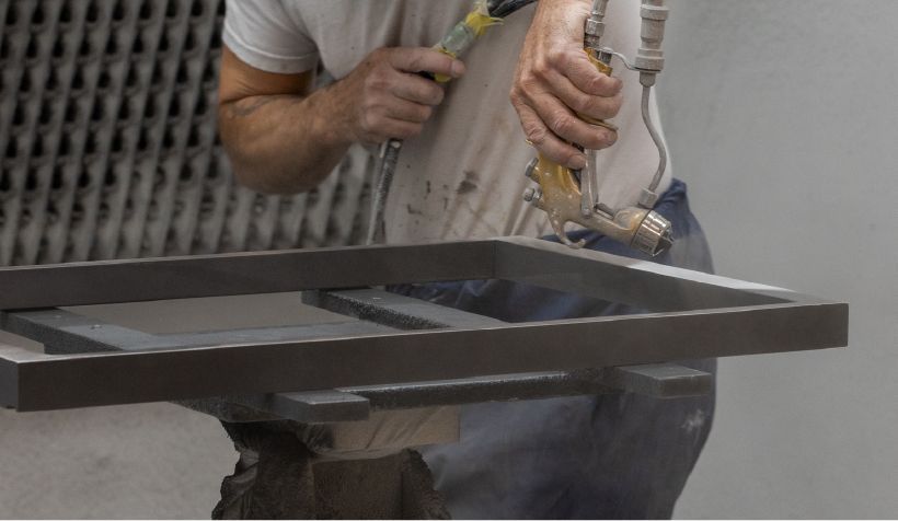 A man in a white shirt is working on a piece of metal