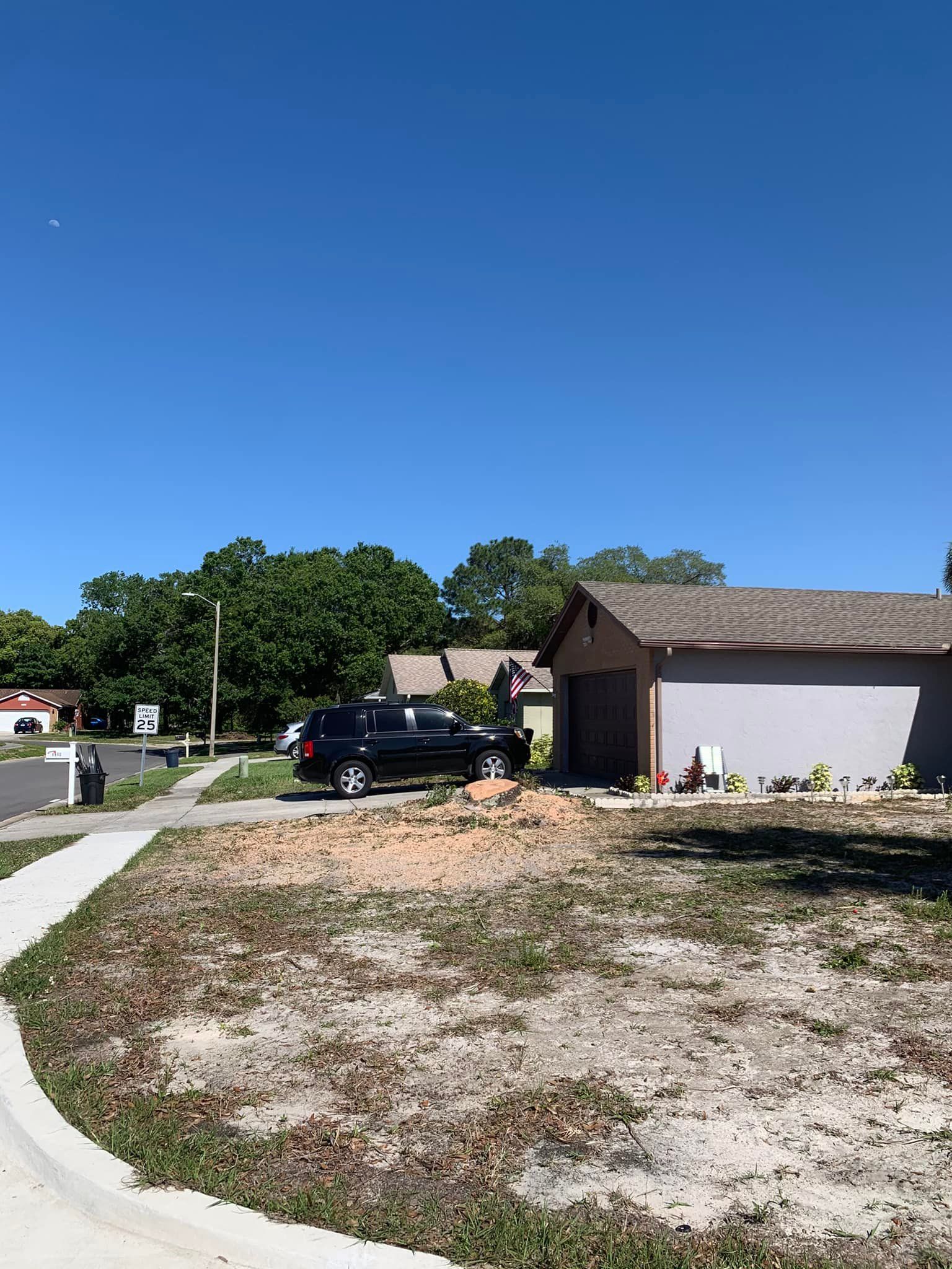 Suburban driveway with black SUV, garage, and bare patch of dirt under a clear blue sky