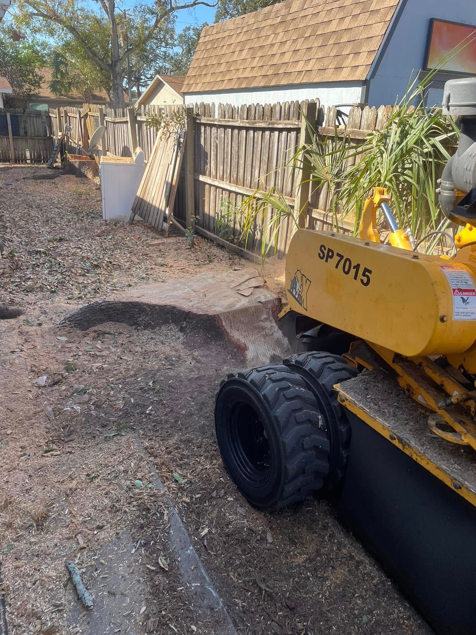 Yellow skid-steer in a gravel yard beside a wooden fence and house, with potted plants nearby Yellow skid-steer in a gravel yard beside a wooden fence and house, with potted plants nearby